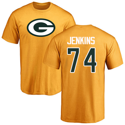 Men Green Bay Packers Gold #74 Jenkins Elgton Name And Number Logo Nike NFL T Shirt
